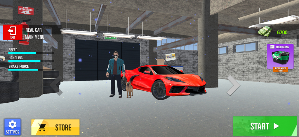 Tela do menu da garagem apresentando um carro esportivo vermelho e um personagem com um cachorro em Midnight Torque Street Heat.