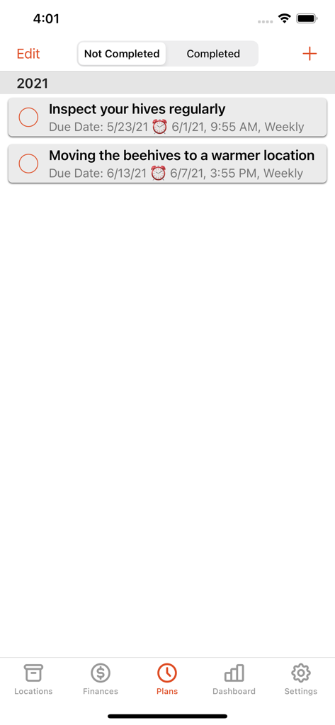 Interface of the Apiarist app showing a list of scheduled beekeeping tasks like hive inspections