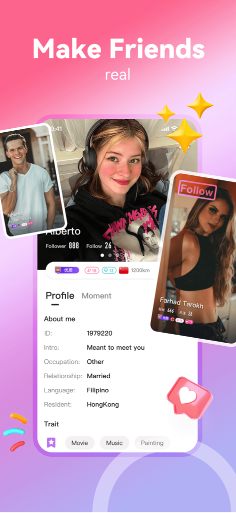Tandoo - Live video chat - Screenshot of Tandoo app interface showing user profiles and a detailed about me section with interests and location