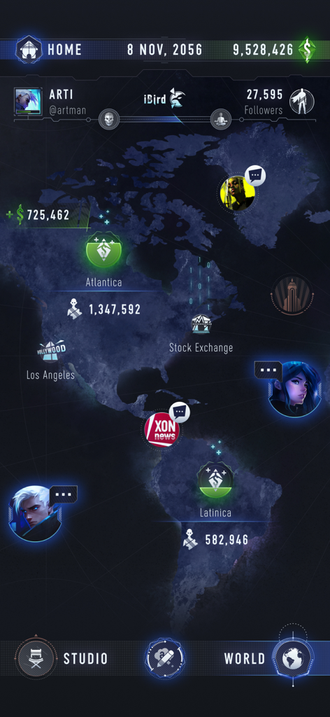 The Artman - A futuristic world map interface in The Artman game displaying locations like Los Angeles and the Stock Exchange in a cyberpunk style