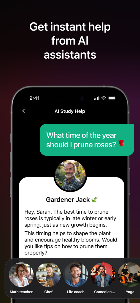 정원사 및 라이프 코치를 포함한 전문 AI 도우미의 즉각적인 도움을 보여주는 Pixi AI 앱 인터페이스