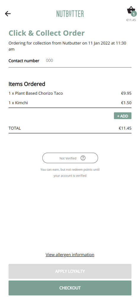 Nutbutter Dublin mobile app click and collect order checkout screen showing a plant based chorizo taco and kimchi in the basket