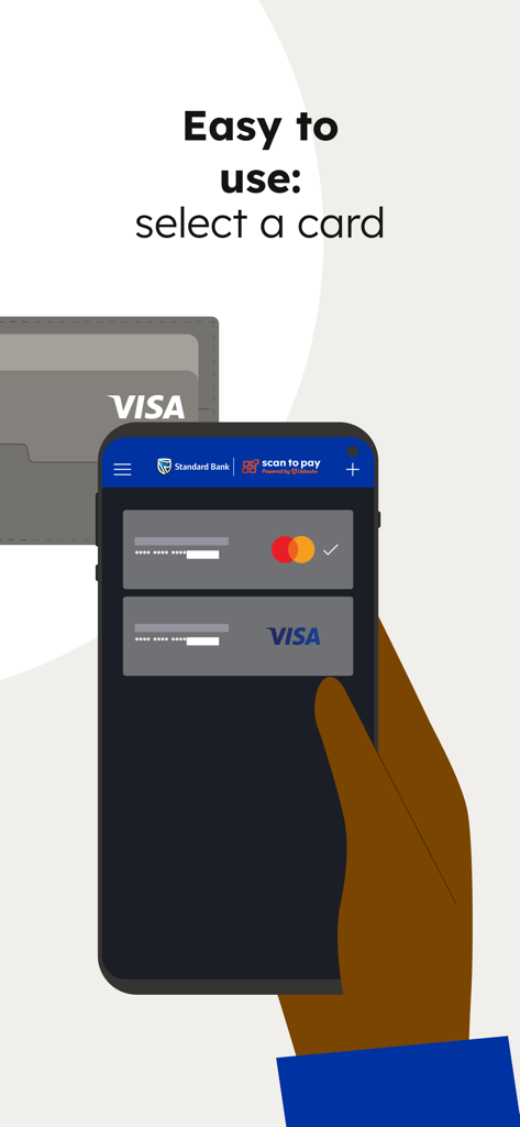 Hand holding a phone displaying the card selection screen of the Standard Bank Scan to Pay app