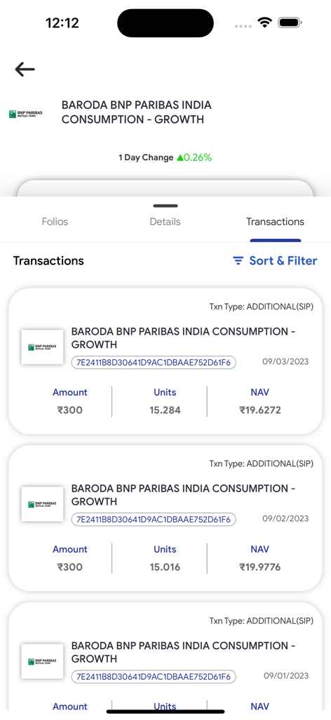 MIDASX - Screenshot of the MIDASX app displaying a detailed list of SIP transactions for a Baroda BNP Paribas Indian growth mutual fund including amount and NAV.