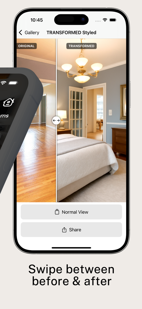 Interior Design AI: Roomify - A mobile app interface showing a side by side comparison of an empty room before and after an AI interior design transformation into a furnished bedroom