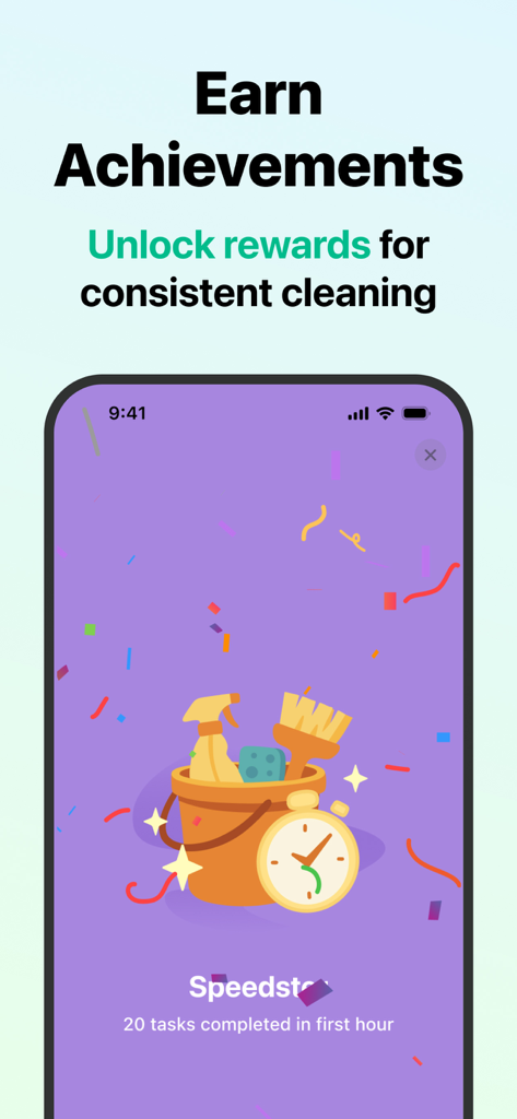 House Chores Cleaning Schedule - A mobile app screen displaying a Speedster achievement badge for completing twenty cleaning tasks in one hour with festive confetti