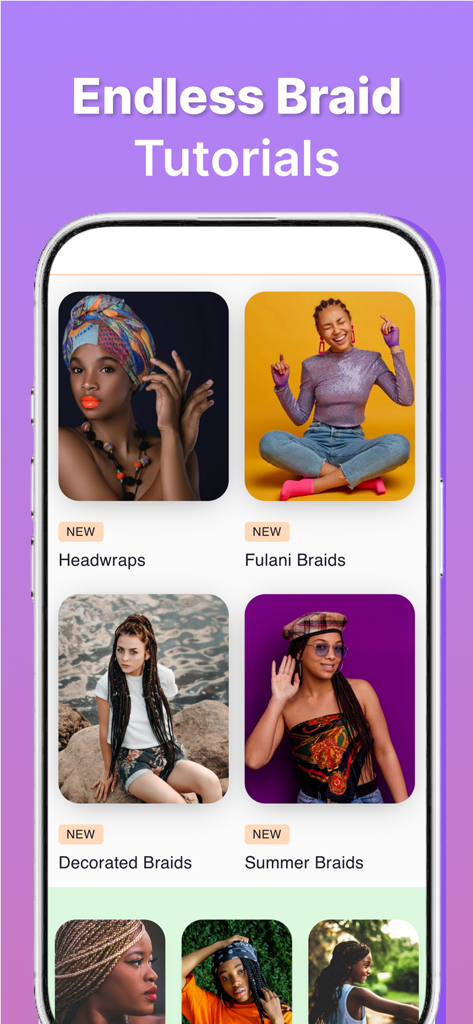 Braid & Style: African Hair - Pantalla de aplicación móvil que muestra varios tutoriales de trenzas africanas como Fulani y trenzas decoradas