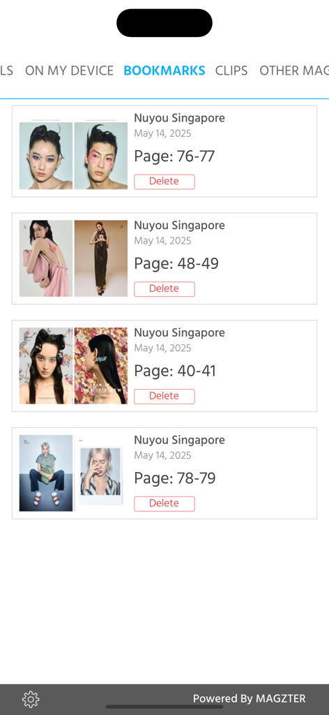 Nuyou Singapore app bookmarks screen showing a list of saved magazine pages with fashion thumbnails and page numbers