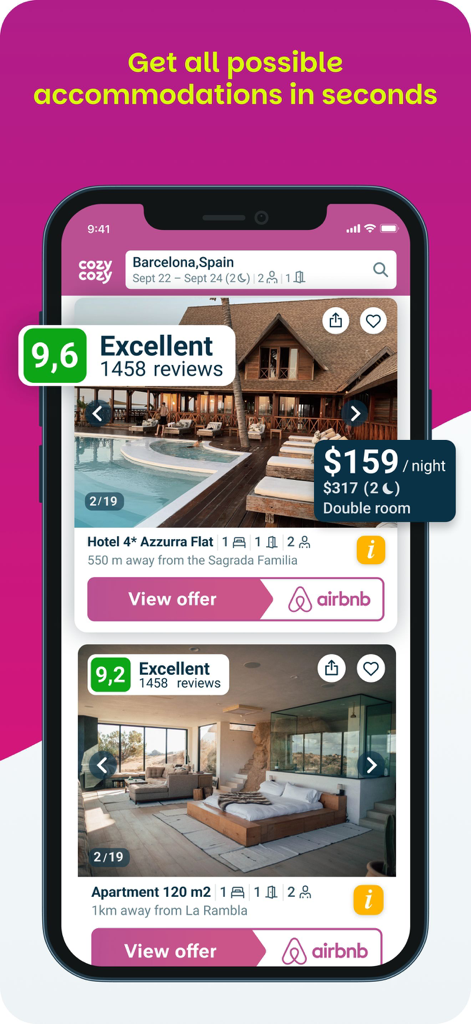 Cozycozy: ALL Accommodations - Cozycozy mobile app interface showing a search for accommodations in Barcelona including hotels and vacation rentals with prices and reviews