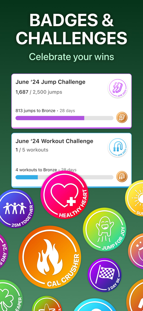 Jump Rope Training | Crossrope - Ein Bildschirm aus der Crossrope-App, der verschiedene Fitness-Abzeichen und monatliche Seilspring-Workout-Challenges zeigt