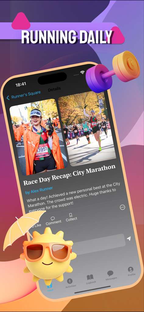 A screenshot of the Miniy app showing a daily running social feed with a marathon race recap post