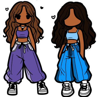 girl in baggy pants crop top and long hair