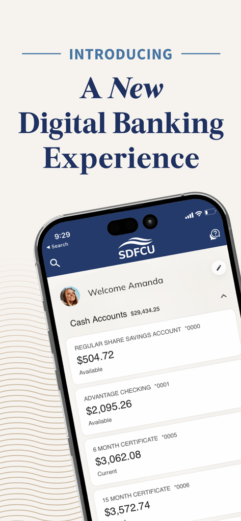 SDFCU Digital Banking - SDFCU Digital Banking app home screen displaying cash account balances and a welcome message