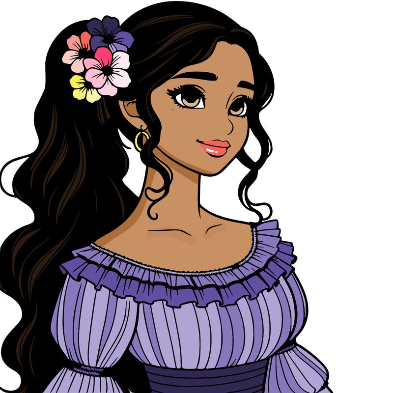 a single latina woman with a side ponytail and a long dress with ruffles. she has a few discreet flowers in her hair. realistic