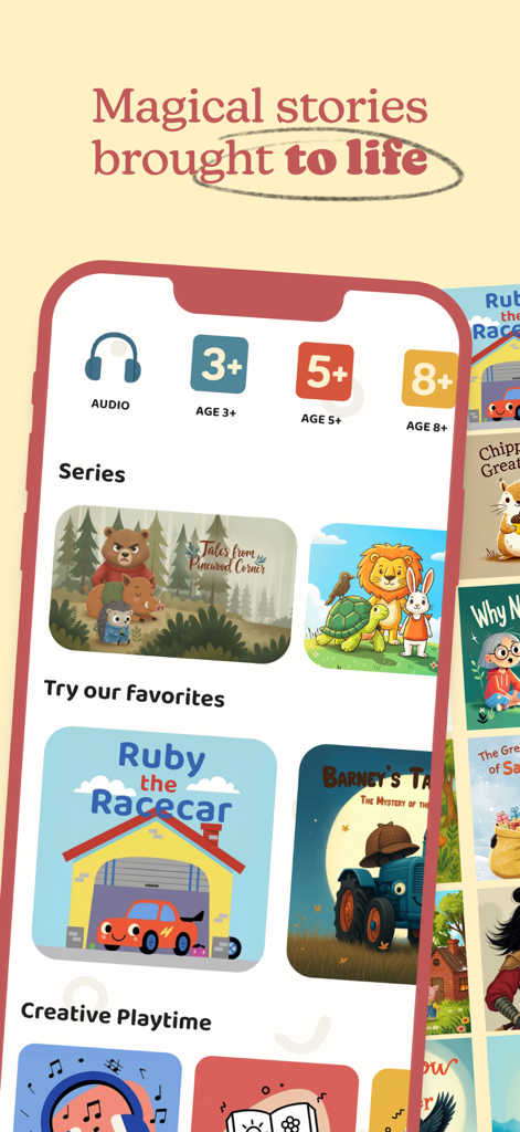 Super Stories: Smart Tales - Pantalla de inicio de la aplicación Super Stories que muestra libros infantiles interactivos y filtros por edad.