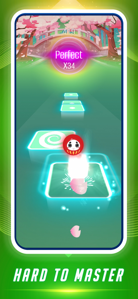 Dance Tiles: Music Ball Games - Gameplay of Dance Tiles showing a red character ball hopping on glowing music tiles with a cherry blossom bridge background