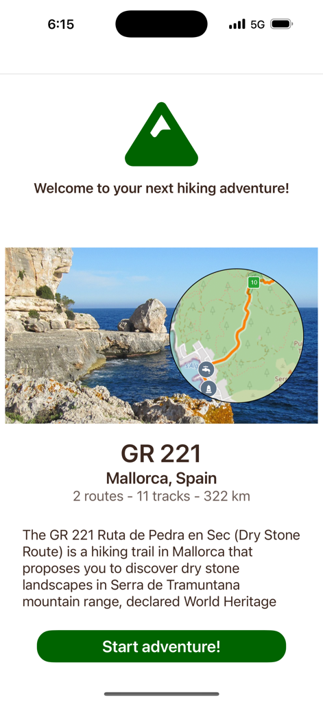 Welcome screen of the GR 221 Mallorca hiking app featuring a mountain logo and trail map overlay.