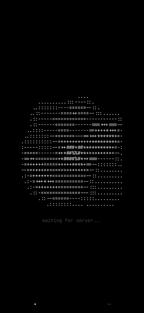 SSH Terminator - Minimalist SSH Terminator loading screen featuring a white ASCII art visualization and waiting for server text on a deep black background.