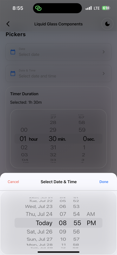 Componentes de seleção de data e hora com efeito liquid glass