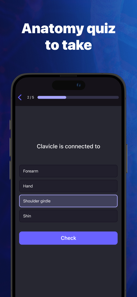 Anatomy Atlas & Human Biology - Anatomy quiz interface on a smartphone showing a skeletal system question