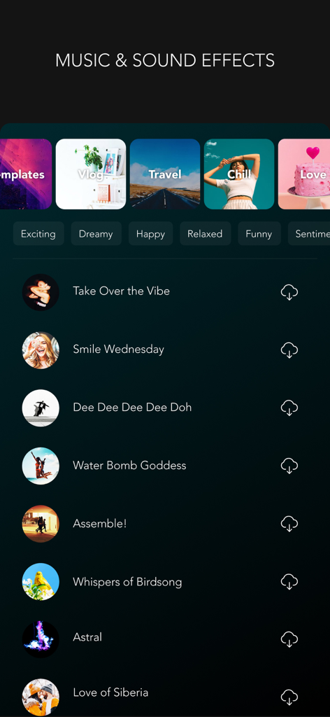 Music and sound effects library in MOLDIV VideoLab video editing app