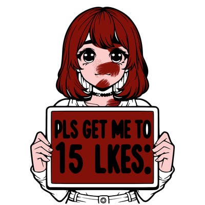 realistic girl holding up a sign that says “pls get me to 15 likes!”