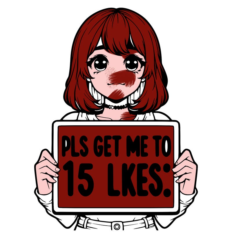 realistic girl holding up a sign that says “pls get me to 15 likes!”