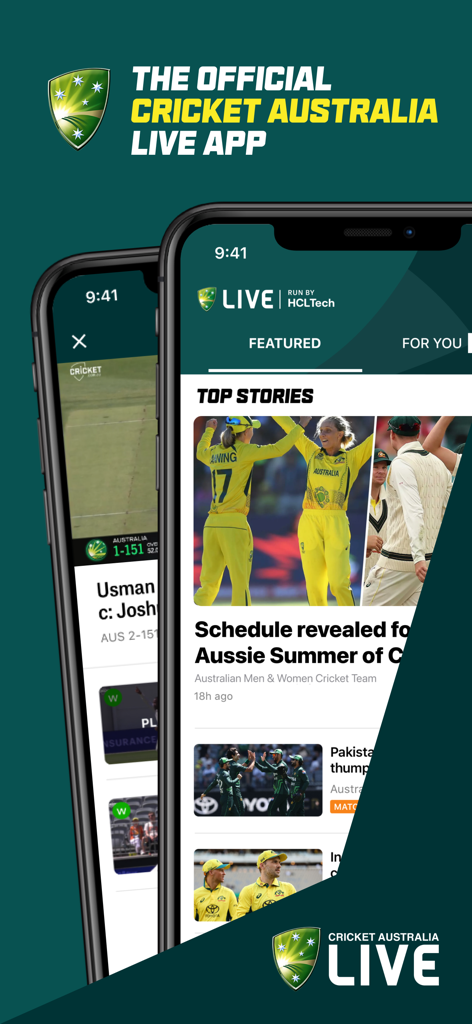 Cricket Australia Live - Official Cricket Australia Live app showing top stories and match schedules