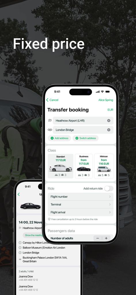 i’way: transfers in 600 cities - Mobile app interface for iway showing a transfer booking from Heathrow Airport with fixed pricing and vehicle class options
