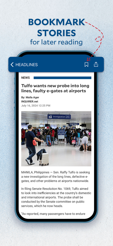 Inquirer Plus - Inquirer Plus app interface showing a news article with the bookmark icon highlighted to save stories for later reading.