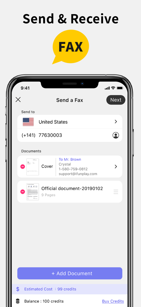 Scanner App - Scan & Edit PDF - Interfaz de la aplicación móvil para enviar un fax con opciones para seleccionar país y añadir documentos.