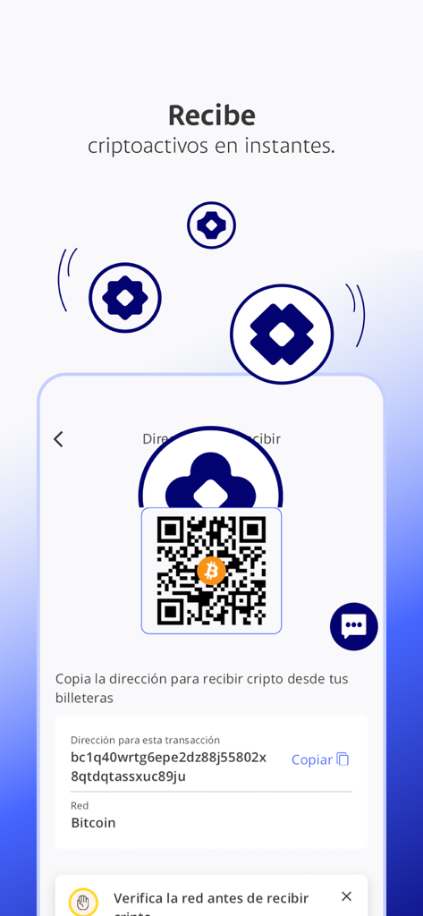Wenia - Interfaz de la app Wenia mostrando un código QR y una dirección para recibir Bitcoin