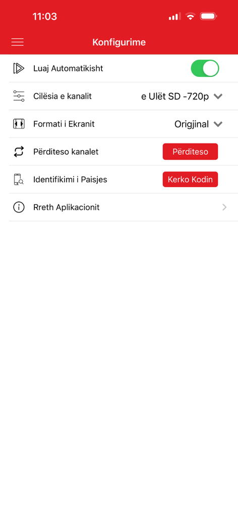Klani IM - Klani IM mobile app settings menu in Albanian showing options for video quality and channel updates