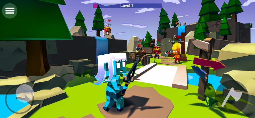 AXES.io – Battle Royale Game - Gameplay screenshot of AXES.io showing low poly characters in a 3D forest arena battle royale