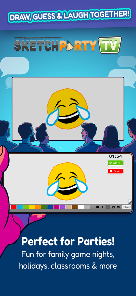 SketchParty TV - A mobile device drawing a laughing emoji mirrored onto a large TV screen for a social gathering