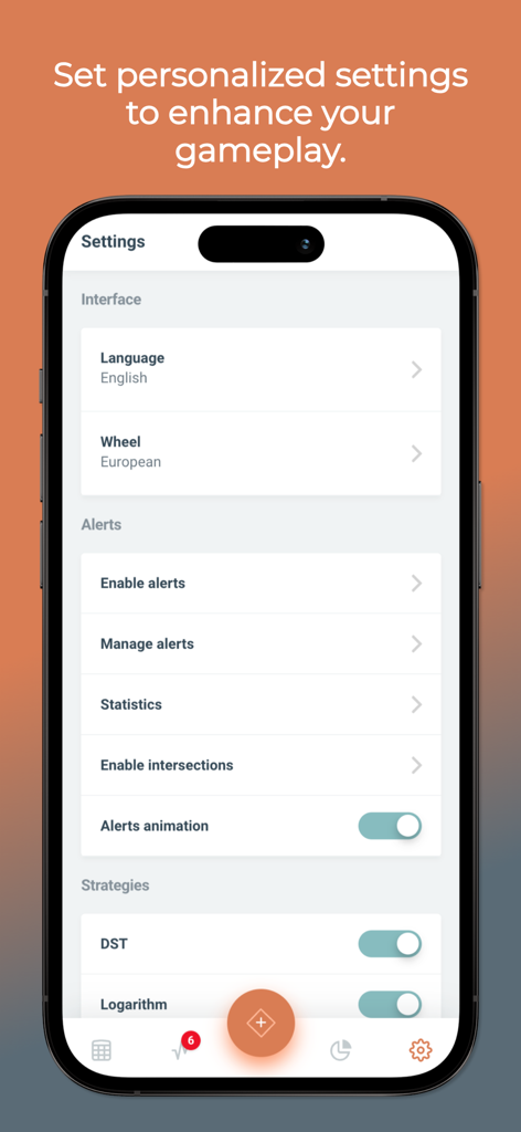Roulette Kicker PRO - ルーレットキッカーPROアプリの設定メニュー。インターフェイスオプション、アラート、戦略トグルが表示されています。