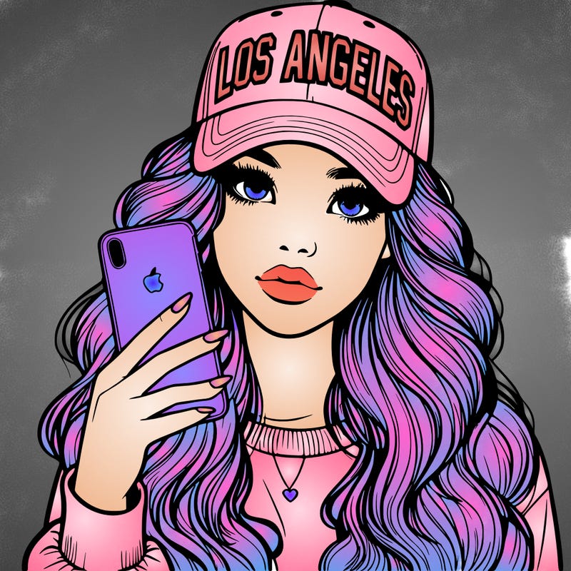 realistic beautiful girl wearing los ángeles cap holding an iphone