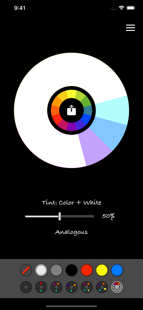 Captura de tela do aplicativo Pocket Color Wheel mostrando harmonia de cores análogas e ajustes de matiz