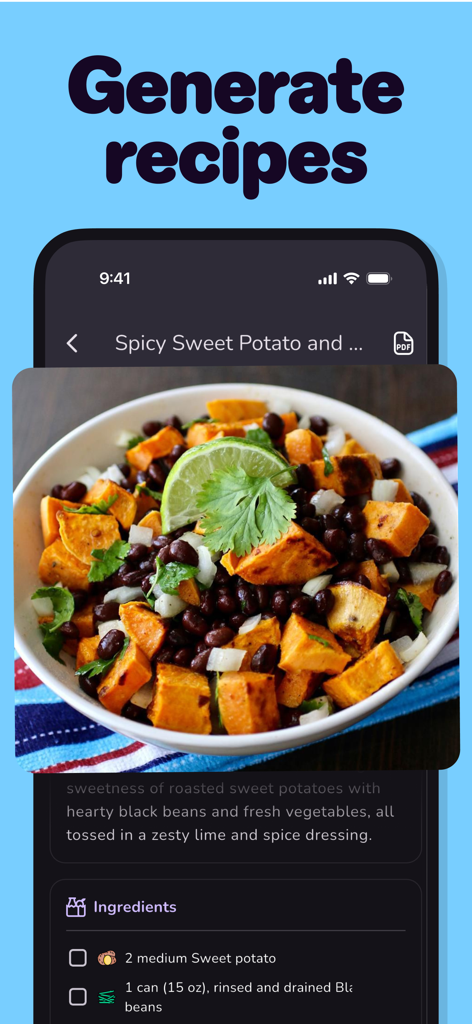 FODMAP & Allergy: InTolerApp - Pantalla móvil de InTolerApp que muestra una receta generada para boniato picante y frijoles negros.