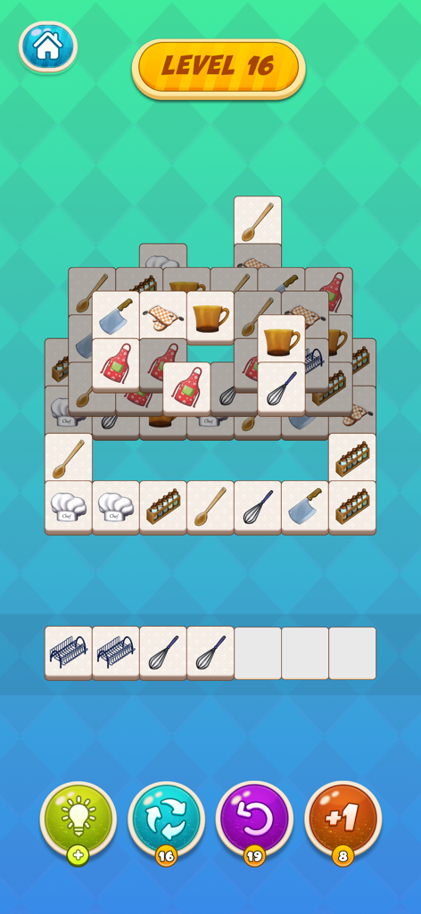 Kitchen Match - A screenshot of Kitchen Match mobile puzzle game featuring tile matching with kitchen icons like aprons and whisks.