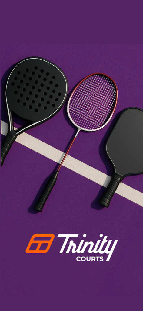 Trinity Courts - Padel badminton and pickleball rackets on a purple court with the Trinity Courts logo