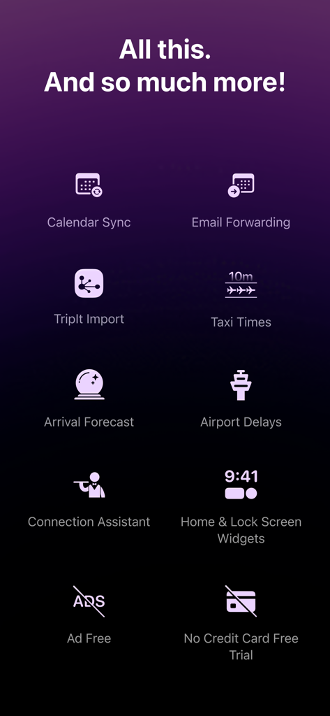 A list of Flighty app features including calendar sync taxi times and arrival forecast on a purple background