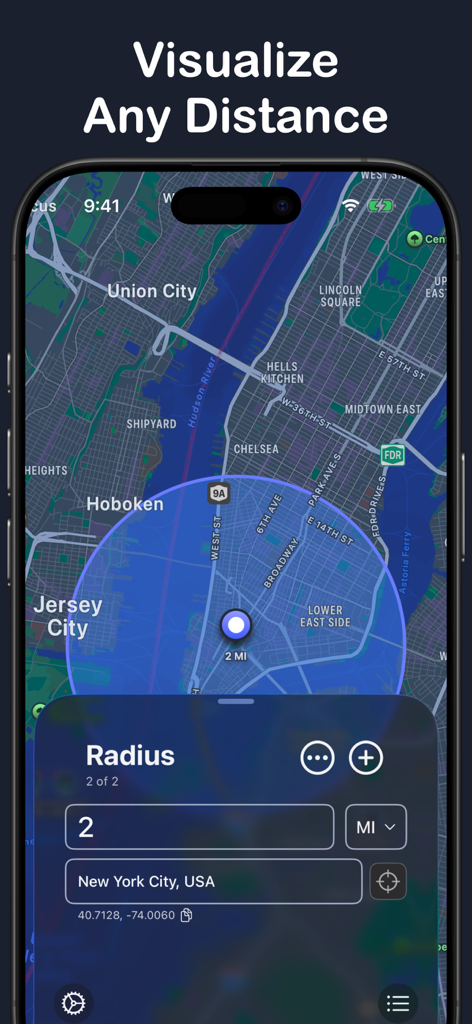 A smartphone screen displaying the Radius app with a 2 mile blue circle centered on a map of New York City