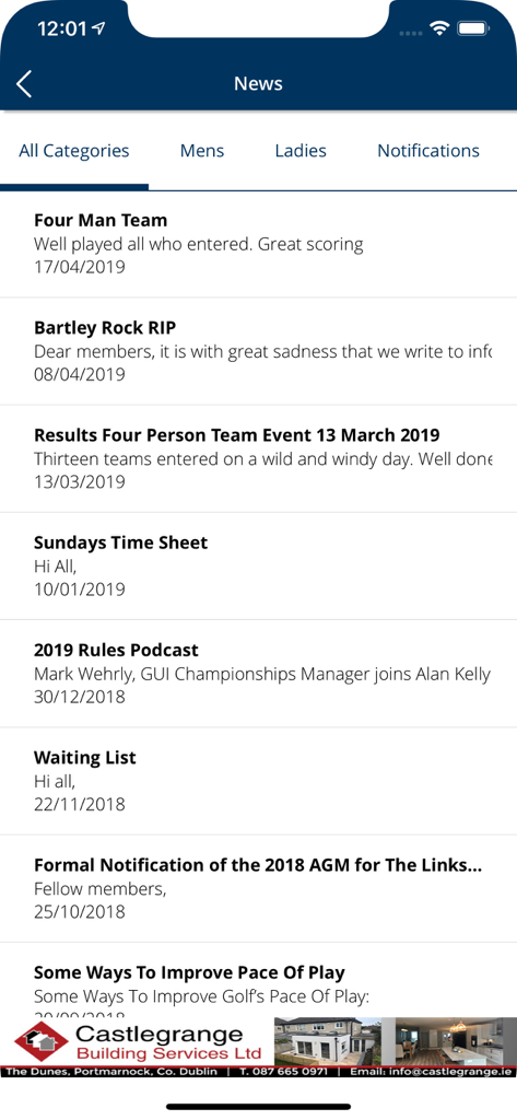 Clubnet app news screen displaying golf club updates event results and notifications for members