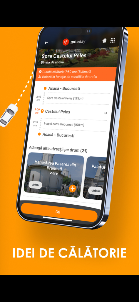 Rompetrol Go app interface displaying a road trip itinerary with travel ideas and stops