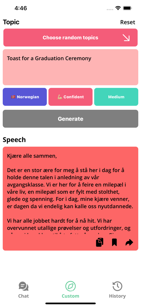 Speech AI - AI Essay Writer - Interfaz de Speech AI generando un brindis de graduación en noruego