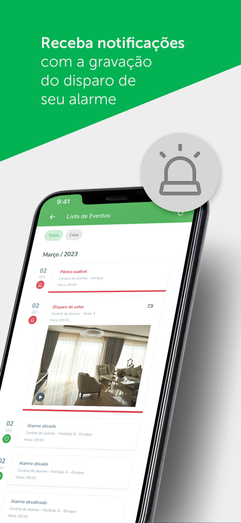 Intelbras Guardian - Intelbras Guardian 앱 인터페이스, 보안 이벤트 목록 및 녹화된 경보 비디오 스냅샷 표시
