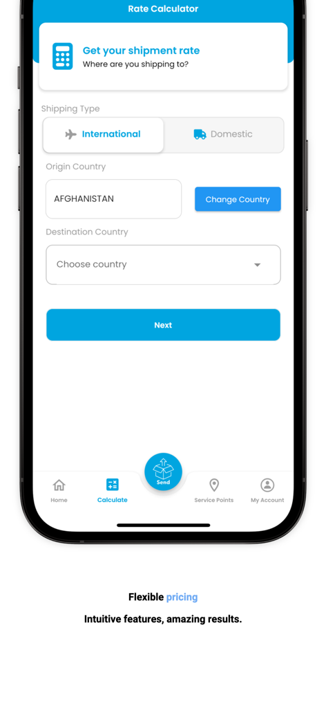 MOAM - MOAM app interface showing the rate calculator for international and domestic shipments