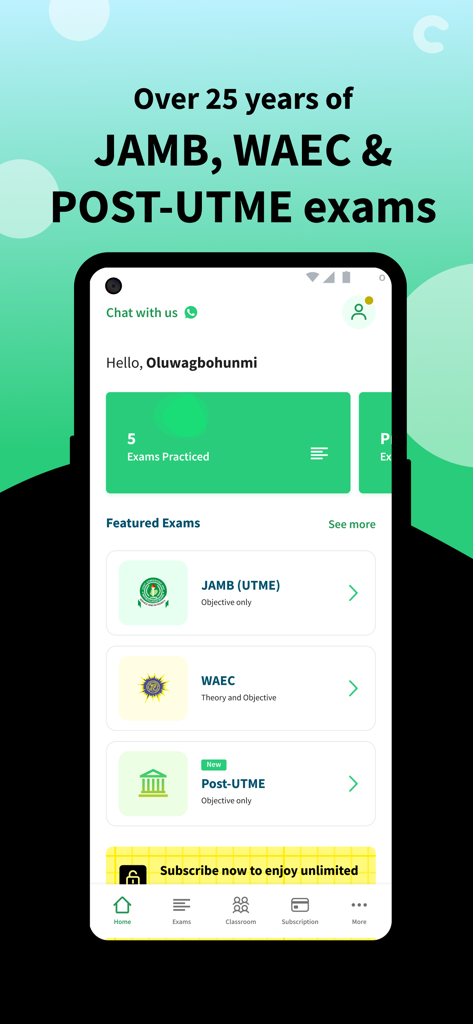 Class54 - JAMB CBT 2026 - Pantalla de inicio de la aplicación Class54 que muestra opciones de preparación de exámenes para JAMB WAEC y Post-UTME