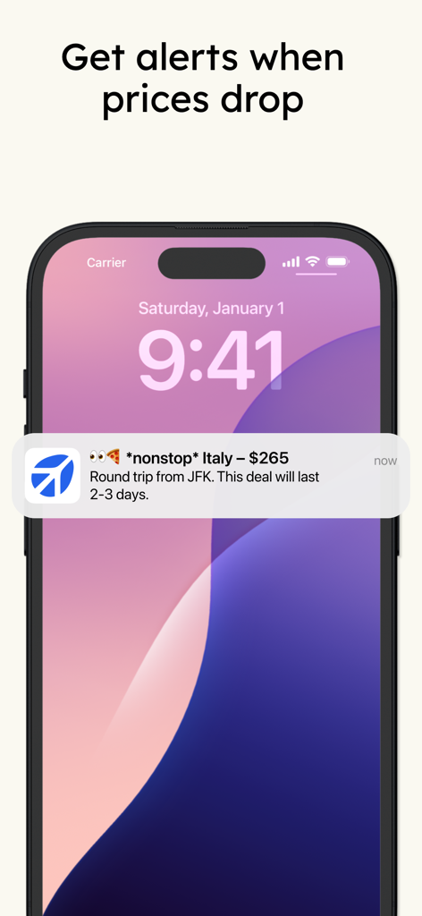 Airclub - Flight Deals - Blocco schermo dello smartphone che visualizza una notifica push da Airclub per un'offerta di volo diretto economico per l'Italia